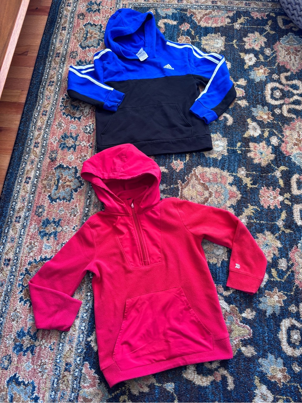 2 Hoodies- Adidas Blue and Black Hoodie and Red Kids Fleece Pullover